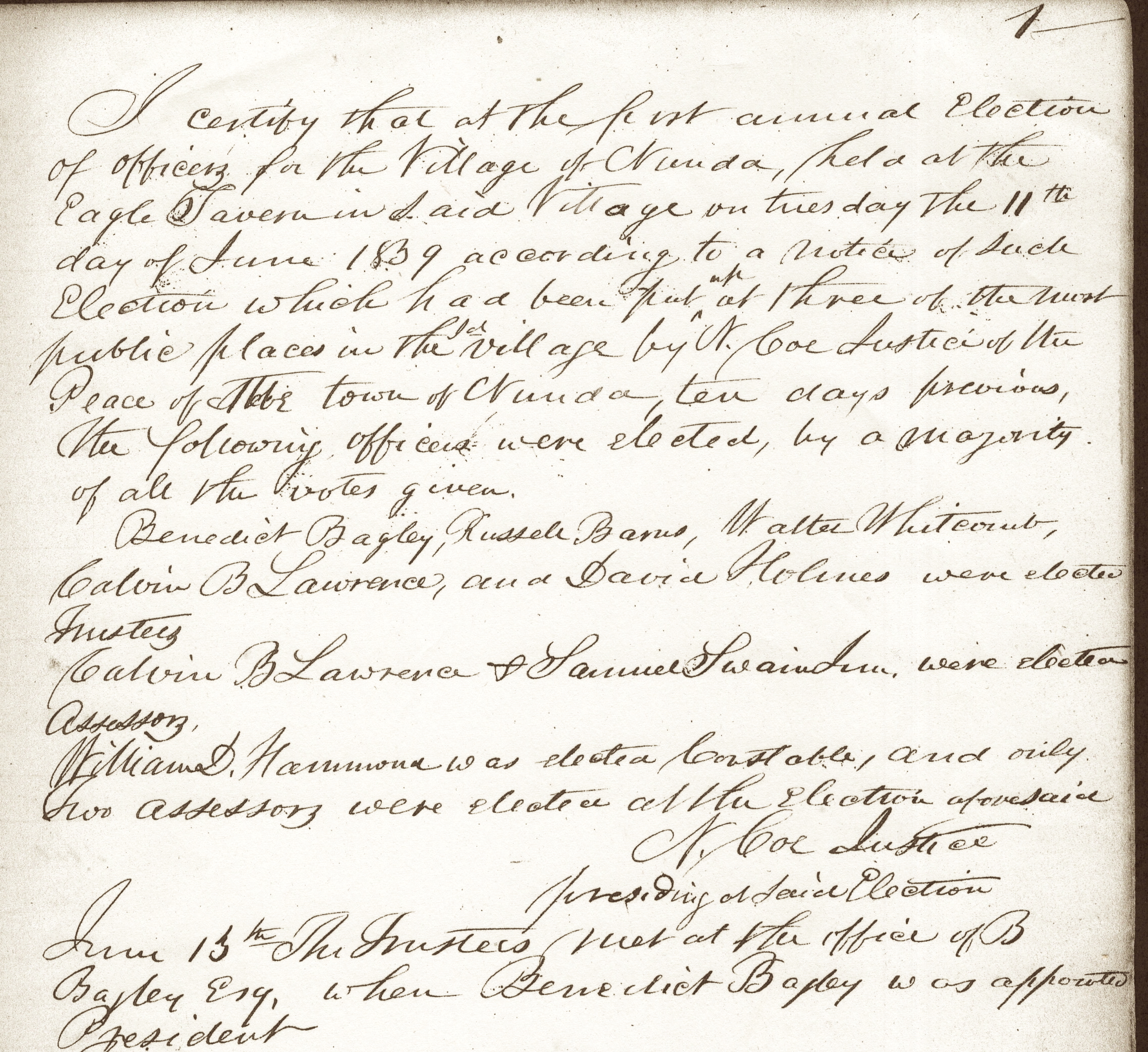 Village of Nunda minute book: first organizational meeting, June 11,1839, page 1